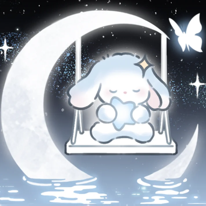 梦游兔坐在发光的月亮秋千上，周围环绕星光与蝴蝶